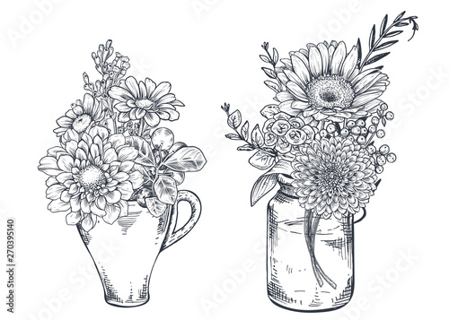 Bouquets with hand drawn flowers and plants in vases jars.