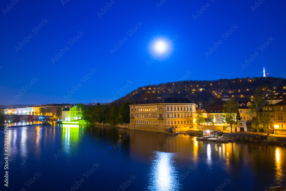 View from the Charles bridge in Prague at night, Czech Republic