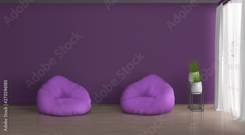 Home, apartment living room realistic vector violet, purple interior mockup. Empty wall, two bean bag chairs on floor, plants in ceramic flowerpots on metallic stand, curtained with white tulle window