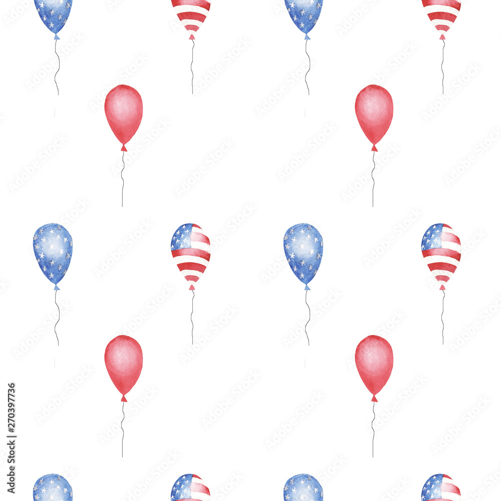 hand drawn watercolor seamless pattern with red, blue, striped and stars balloons on white background. print for wrapping paper to independence day of America