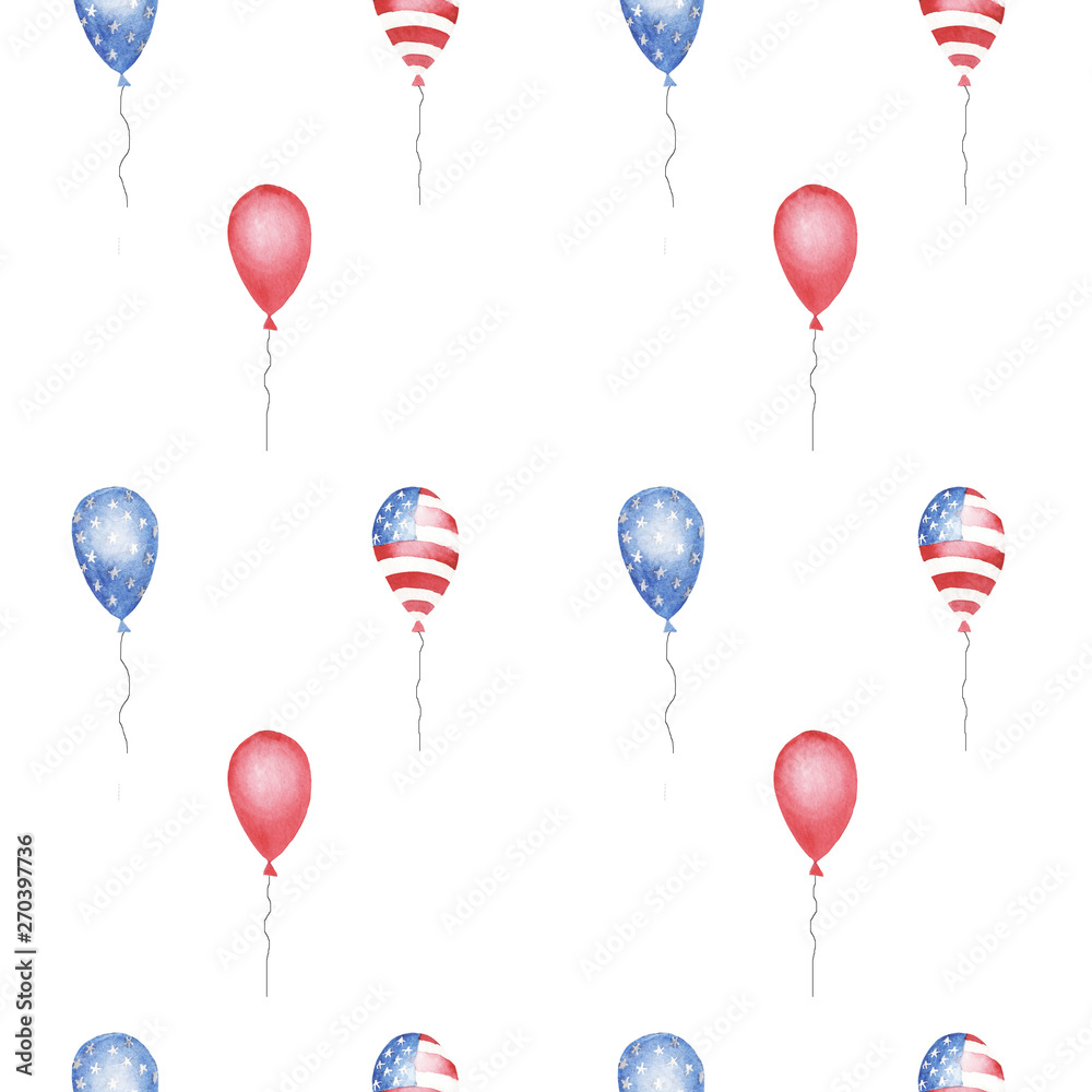 Obraz premium hand drawn watercolor seamless pattern with red, blue, striped and stars balloons on white background. print for wrapping paper to independence day of America