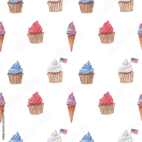 hand drawn watercolor seamless pattern with red, blue and white cupcakes and ice cream on white background. print for wrapping paper to independence day of America