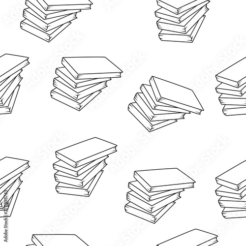 Rows of heaps of closed books or notepads in style of outline path black color on white background. Seamless pattern