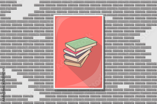 Image of stack of colored books or notepad in cartoon style with long shadow in white frame under glass on broken bricks wall