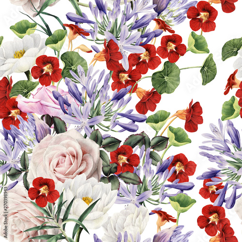 Seamless floral pattern with flowers, watercolor.