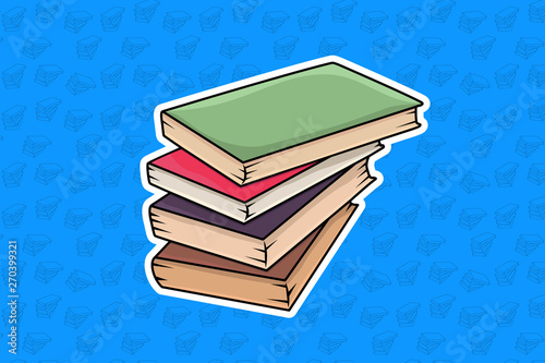 One heap of closed colored books or notepads with white stroke around in style of sticker on blue background with contour pattern