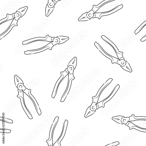 Seamless pattern of mechanical pliers drawing with black contour path isolated on white background