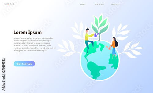 Ecological problem of the planet. People character planting, watering, gathering. People grow plants, doing farming job. World Environment Day, Bio Technology, green planet, globe and trees concept