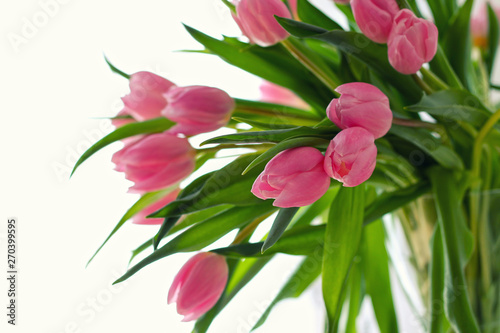 Bouquet of fresh pink  tulips in vase. © flycatdesign