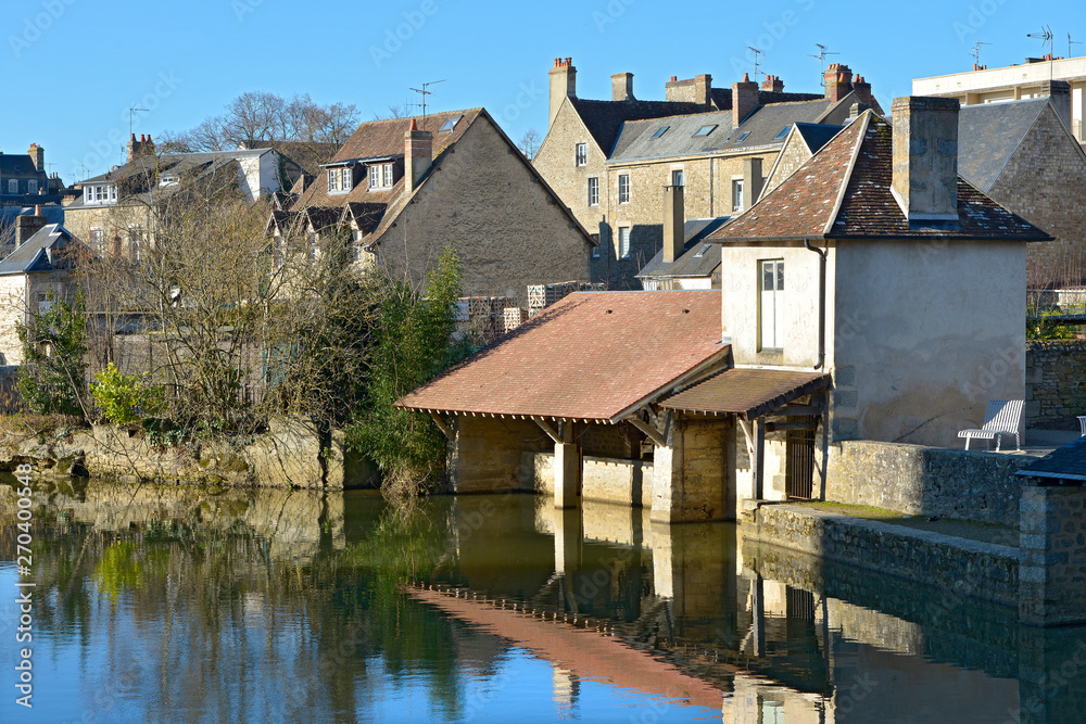 Pavilions on the bank of the Sarthe and one wash house at Alençon of the Lower Normandy region in France