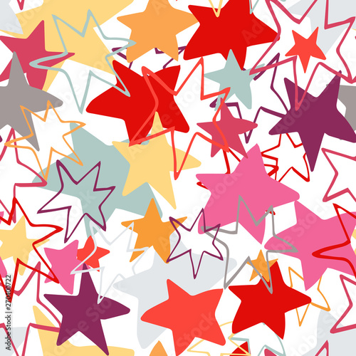 Abstract seamless vector pattern made of colorful hand drawn stars. Funny endless texture for kids room, fabric, textile, toys, etc. Fun ornament in summer colors. Repeating background for children.