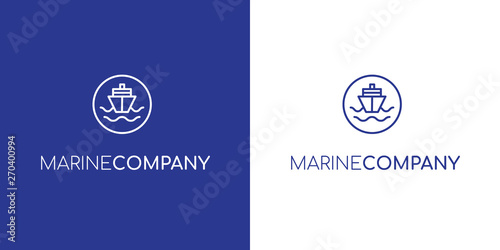 Modern vector blue outline marine cargo ship logo