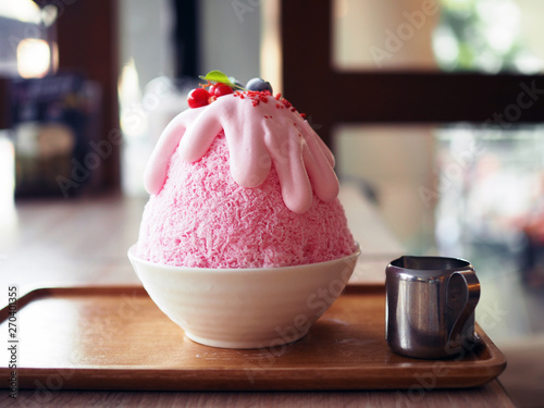 Εκτύπωση καμβά Pink milk kakigori or Japanese shaved ice dessert flavored, Topped with pink whipped cream, blueberry and red currant, same as Bingsu Korean dessert