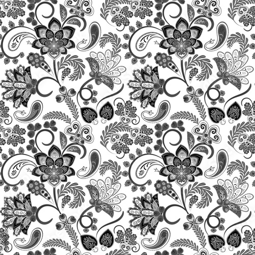 Paisley seamless pattern on black background, oriental pattern, black and white vector illustration