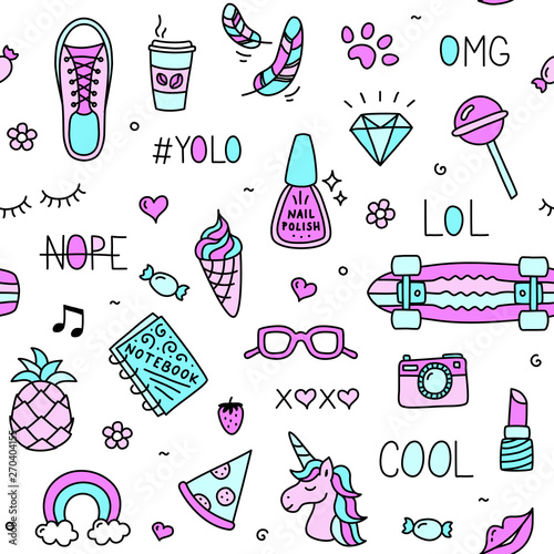 Cool teenager girl stuff and words seamless pattern drawing