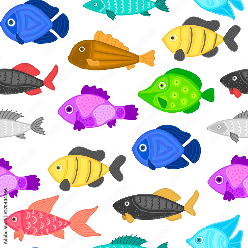 Vector seamless pattern with colorful abstract fish. Undersea world. Aquarium. Wrapping paper, package, wallpaper, poster, clothing and other textile in a pet store, fishing gear shop or aquapark