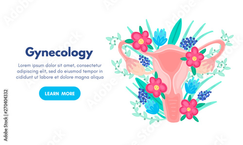 Web template with female reproductive system in flowers. Landing page. Woman health. Advertising for women's pads, lactobacillus, department of obstetrics and gynecology. Medical banner. Vector, eps10