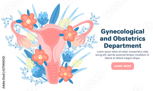 Web template with female reproductive system in flowers. Landing page. Woman health. Advertising for women's pads, lactobacillus, department of obstetrics and gynecology. Medical banner. Vector, eps10