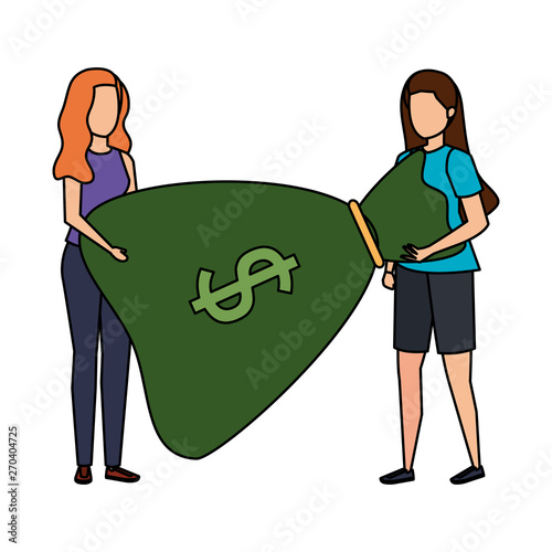 young women lifting money bag characters