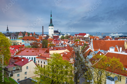 Panorama of the city center of Tallinn, in the spring evening after thunderstorms and rain