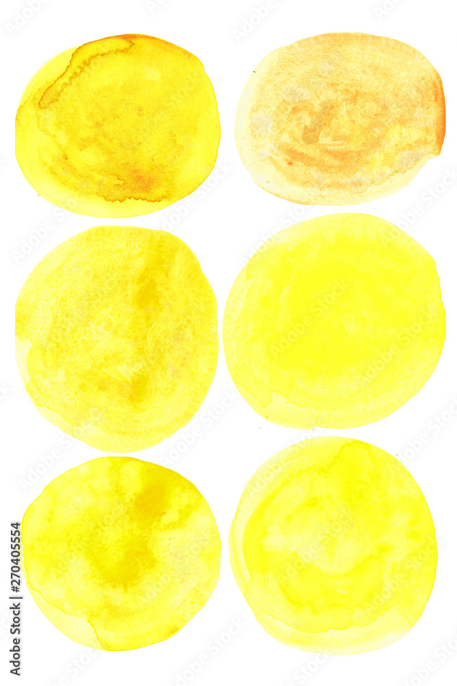 watercolor set of yellow circles with splashes of golden paint