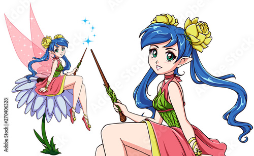 Cute fairy sitting on flower. Anime style. Girl with blue ponytails wearing pink dress.