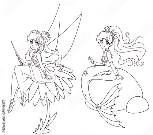 Set of two anime style characters. Mermaid and fairy. Hand drawn vector illustration on a white background for coloring book, tattoo, card, t-shirt template etc.