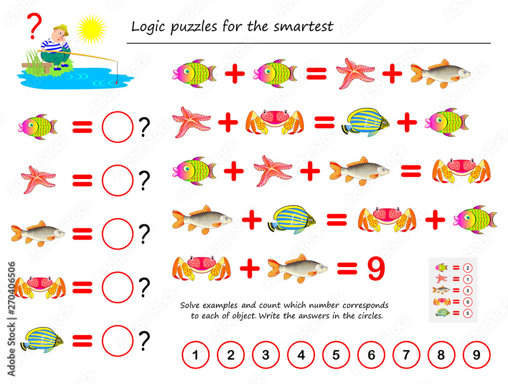 Mathematical logic puzzle game for smartest. Solve examples and count the  value of each fish. Write the numbers in circles. Printable page for  brainteaser book. Developing spatial thinking. Stock Vector | Adobe