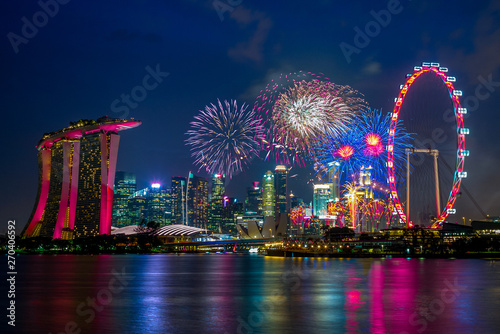 night view of singapore with firework