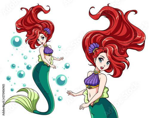 Cute mermaid vector design. Anime style girl with red hair and green fishtail. isolated on white background and bubbles. Template for design cards, notebook, shop, poster.