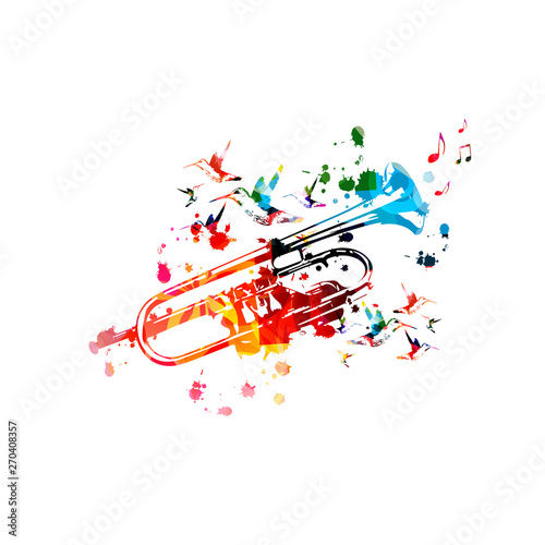 Colorful trumpet with music notes isolated vector illustration design. Music background. Music instrument poster with music notes, festival poster, live concert events, party flyer