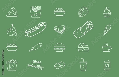 Fast food icons set - Vector outline symbols of sandwich, burger, hot dog, meat and desserts for Web or Mobile
