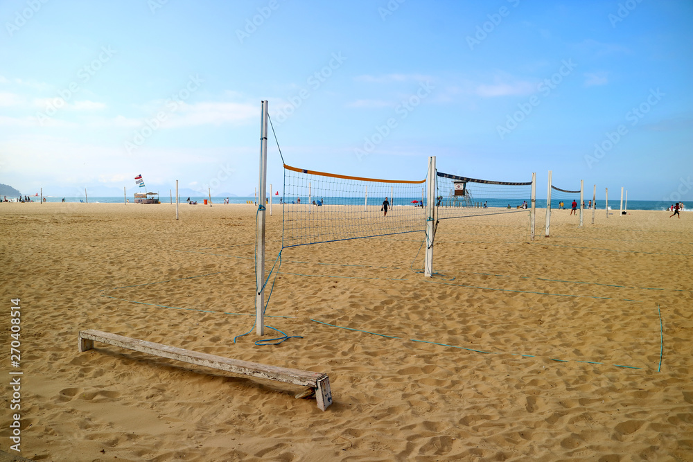 Empty beach soccer net on the sandy beach of Copacabana, Brazil Empty beach soccer net on the sandy beach of Copacabana, Brazil