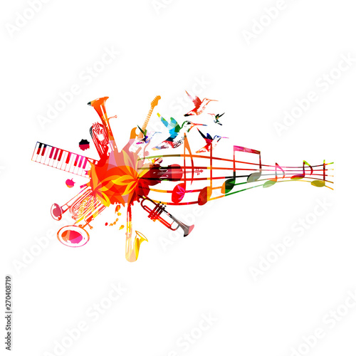 Sticker Music instruments background with music staff