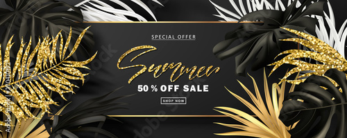 Summer Sale banner.Beautiful Background with black,white and golden tropical leaves. Vector illustration for website , posters,ads, coupons, promotional material.