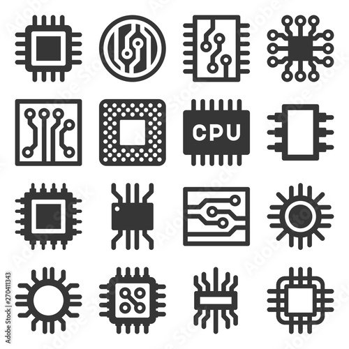 Electronic Computer Chips CPU Icons Set. Vector