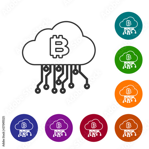 Grey Cryptocurrency cloud mining line icon on white background. Blockchain technology, bitcoin, digital money market, cryptocoin wallet. Set icon in color circle buttons. Vector Illustration
