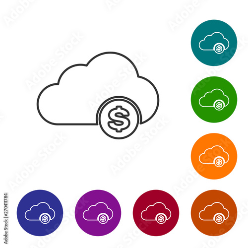 Grey Cryptocurrency cloud mining line icon on white background. Blockchain technology, bitcoin, digital money market, cryptocoin wallet. Set icon in color circle buttons. Vector Illustration