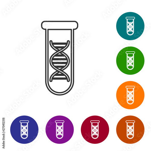 Grey DNA research, search line icon isolated on white background. Genetic engineering, genetics testing, cloning, paternity testing. Set icon in color circle buttons. Vector Illustration