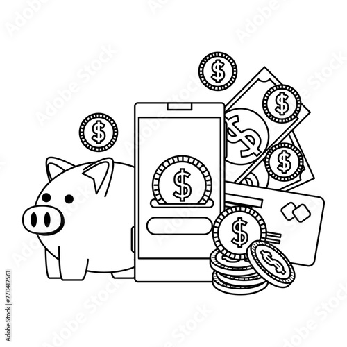 smartphone with money dollars and piggy
