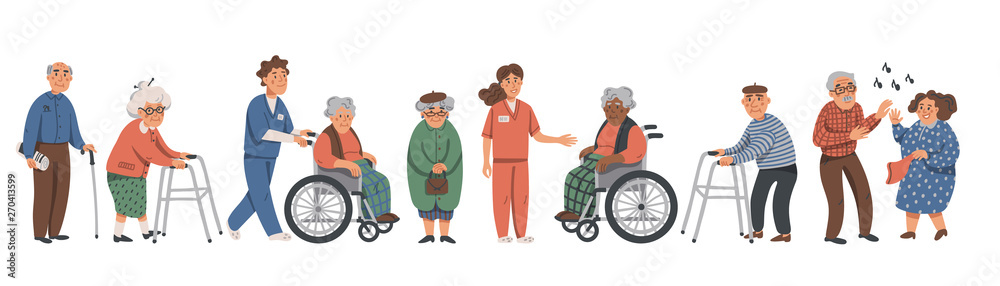 Elderly people and social workers. Grandparents and nurses on a white background. Vector illustration in a flat style.