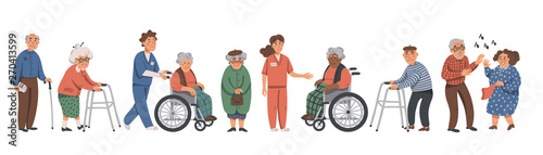 Elderly people and social workers. Grandparents and nurses on a white background. Vector illustration in a flat style.