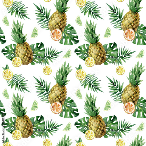Watercolor seamless pattern with tropical leafs, pineapple and citrus fruits.