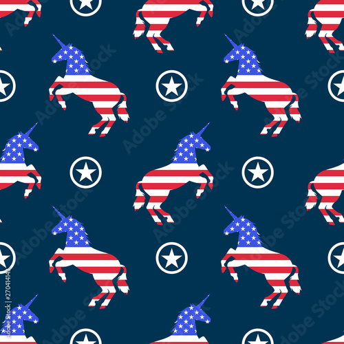 USA flag Unicorns patriotic seamless pattern