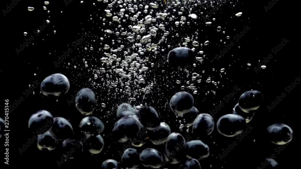Blue grapes falling in transparent water on black background. Fresh fruits and berries splashing in aquarium. Organic berry, healthy food, diet, air bubbles. Slow Motion. Close-up.