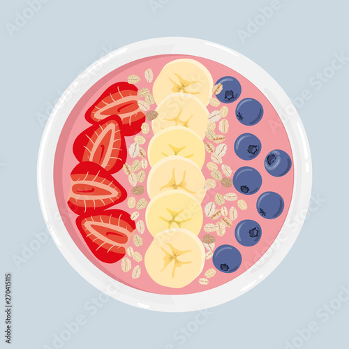 Yogurt smoothie bowl with banana, strawberries, blueberries, oats, top view. Healthy natural breakfast. Portion of acai smoothie yogurt with fruits in bowl isolated on background. Vector illustration.