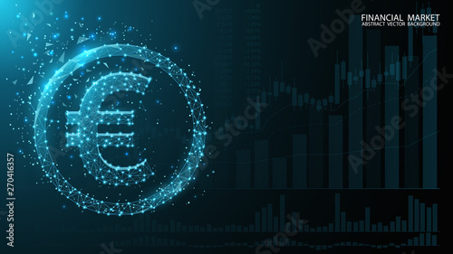 Eurocurrency. Exchange. Charts currency quotes. Euro icon. Low poly image. Dark blue futuristic background. Glow effects, flickering particles, dust. Online banking.