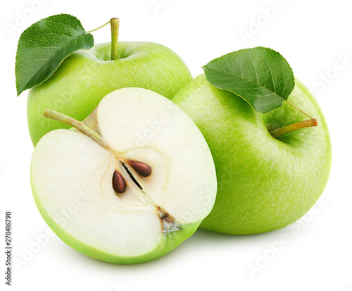 Foto Group of ripe green apple fruits with half and green leaves isolated on white background