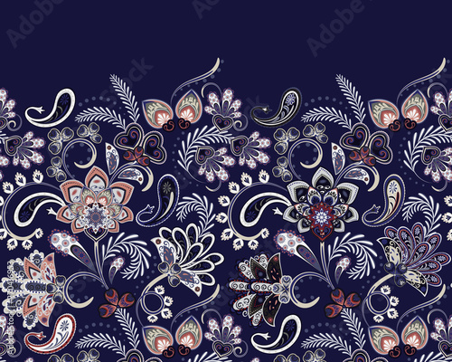 Border Indian floral Paisley patten. Seamless ornament print. Ethnic Mandala towel. Vector Henna style. Can be used for greeting business card background, coloring book, backdrop, textile