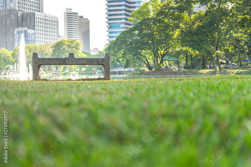 Stone bench and view of Lumpini public park during the day time, the largest central park in Bangkok / Thailand photo